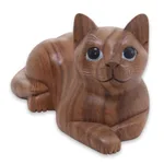 Wood sculpture, 'Short Haired Cat' - Hand Carved Wood Cat Sculpture from Balinese Artisan