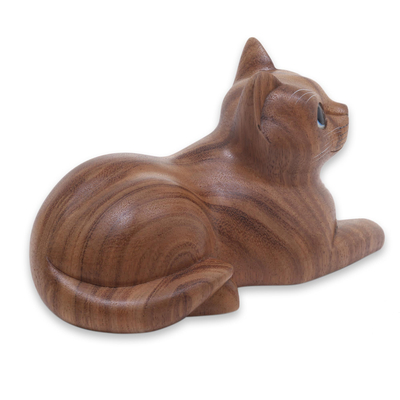 Wood sculpture, 'Short Haired Cat' - Hand Carved Wood Cat Sculpture from Balinese Artisan