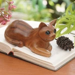 Wood sculpture, 'Short Haired Cat' - Hand Carved Wood Cat Sculpture from Balinese Artisan