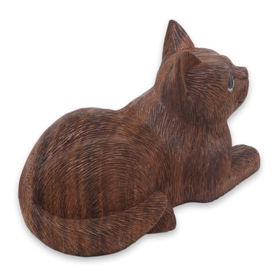 Wood sculpture, 'Long Haired Cat' - Charming Hand Carved Wood Sculpture of Long Haired Cat