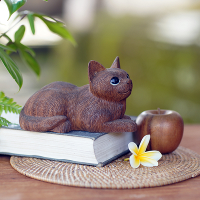 Wood sculpture, 'Long Haired Cat' - Charming Hand Carved Wood Sculpture of Long Haired Cat