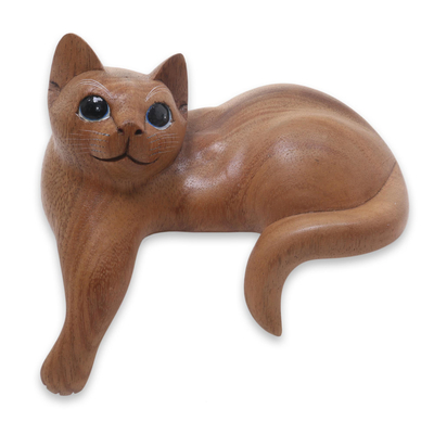 Hand Carved Kitty Cat Sculpture in Medium Wood Finish