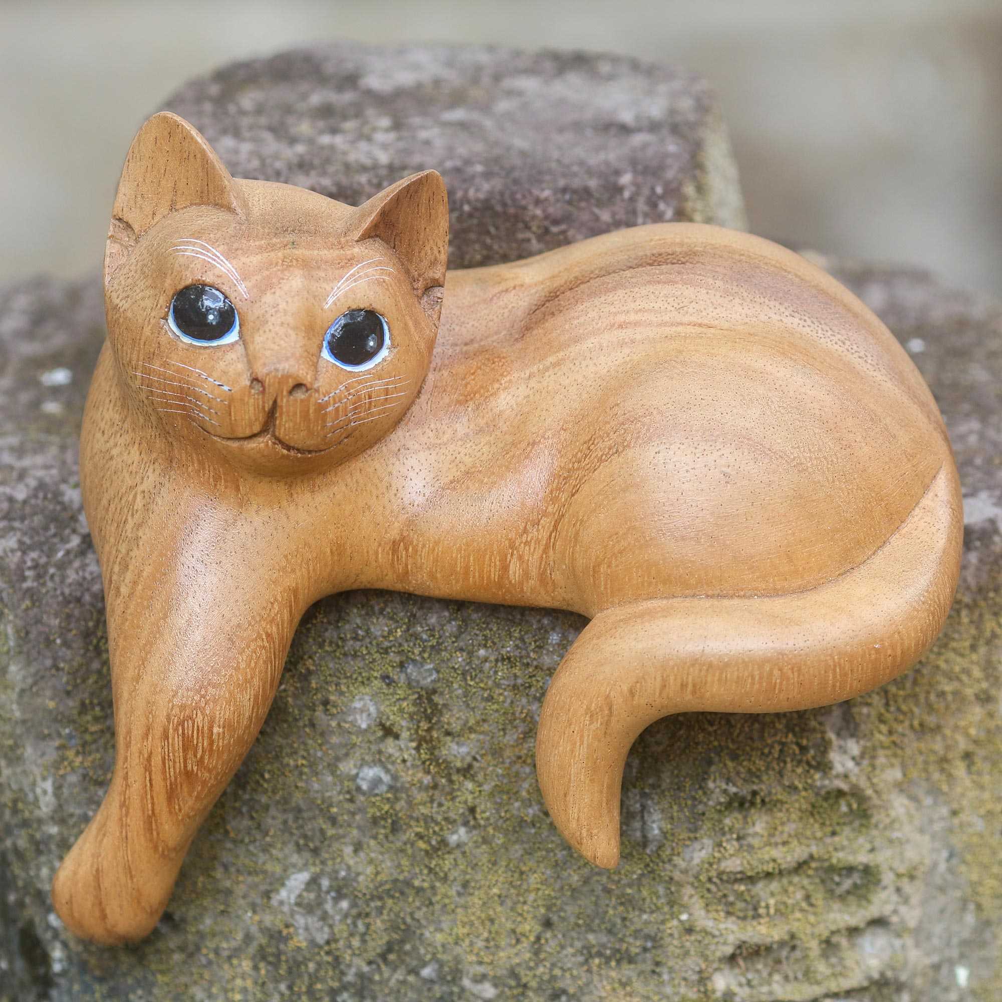 Hand Carved Kitty Cat Sculpture in Medium Wood Finish - Watchful Ginger ...