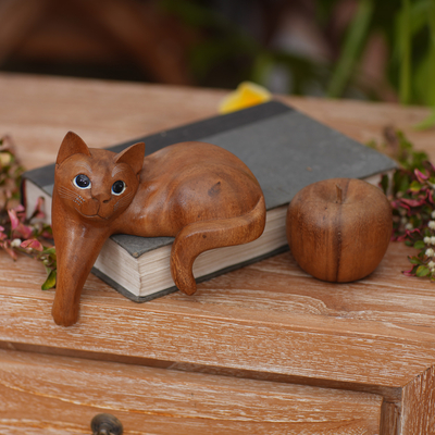 Wood sculpture, 'Watchful Ginger Cat' - Hand Carved Kitty Cat Sculpture in Medium Wood Finish