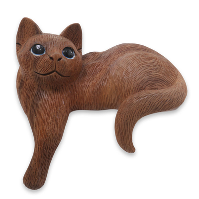 Wood Cat Sculpture Hand Carved in Indonesia - Watchful Long Haired Cat ...