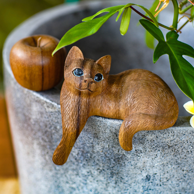 Wood sculpture, 'Watchful Long Haired Cat' - Wood Cat Sculpture Hand Carved in Indonesia