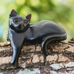 Wood sculpture, 'Watchful Black Cat' - Hand Carved Wooden Cat Sculpture with Black Finish
