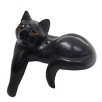 Wood sculpture, 'Watchful Black Cat' - Hand Carved Wooden Cat Sculpture with Black Finish