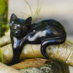 Wood sculpture, 'Watchful Black Cat' - Hand Carved Wooden Cat Sculpture with Black Finish
