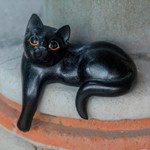 Wood sculpture, 'Watchful Black Cat' - Hand Carved Wooden Cat Sculpture with Black Finish