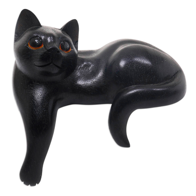 Wood sculpture, 'Watchful Black Cat' - Hand Carved Wooden Cat Sculpture with Black Finish