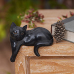 Wood sculpture, 'Watchful Black Cat' - Hand Carved Wooden Cat Sculpture with Black Finish