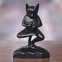 Wood sculpture, 'Vrkasana Black Cat' - Unique Wood Sculpture of Black Cat in Yoga Pose