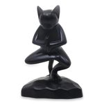 Wood sculpture, 'Vrkasana Black Cat' - Unique Wood Sculpture of Black Cat in Yoga Pose