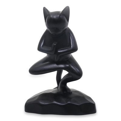 Unique Wood Sculpture of Black Cat in Yoga Pose