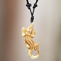 Bone pendant necklace, 'Alligator' - Carved Bone Alligator Pendant Necklace on Leather Cord
