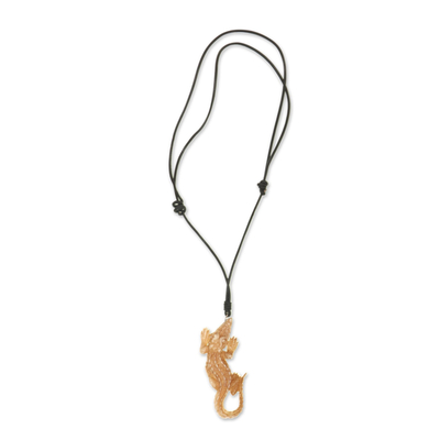 Bone pendant necklace, 'Alligator' - Carved Bone Alligator Pendant Necklace on Leather Cord
