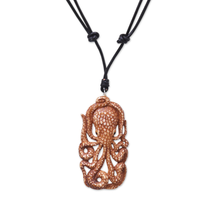 Bone pendant necklace, 'Bali Octopus' - Octopus Pendant Necklace Hand Carved of Cow Bone