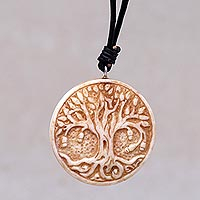 Bone pendant necklace, 'Sacred Tree' - Leather Cord Necklace with Bone Tree of Life Pendant