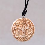Bone pendant necklace, 'Sacred Tree' - Leather Cord Necklace with Bone Tree of Life Pendant