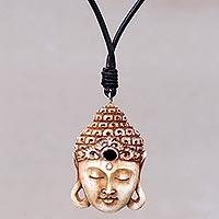 Bone pendant necklace, 'Buddha Head I' - Buddha Pendant Necklace in Carved Bone with Leather Cords