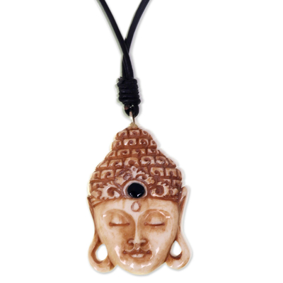 Halskette mit Knochenanhänger - Halskette mit Buddha-Anhänger aus geschnitztem Knochen mit Lederschnüren