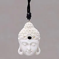 Bone pendant necklace, 'White Buddha Head' - Buddha Head Cow Bone Pendant on Adjustable Leather Cord