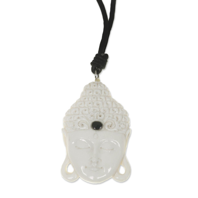 Bone pendant necklace, 'White Buddha Head' - Buddha Head Cow Bone Pendant on Adjustable Leather Cord
