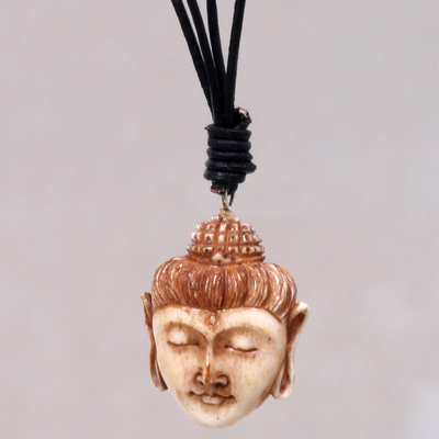 Bone pendant necklace, 'Buddha Head II' - Buddha Head Necklace in Carved Cow Bone and Leather