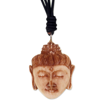 Bone pendant necklace, 'Buddha Head II' - Buddha Head Necklace in Carved Cow Bone and Leather