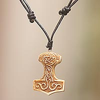 Bone pendant necklace, 'Star Tower' - Celtic Design Carved Bone Pendant Necklace on Leather Cord