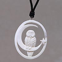 Bone pendant necklace, 'Magic Night' - Owl and Moon Bone Pendant Necklace Handmade in Bali