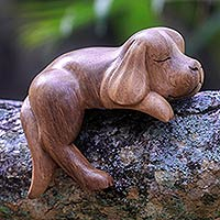 Wood sculpture, 'Sleepy Cocker Spaniel'
