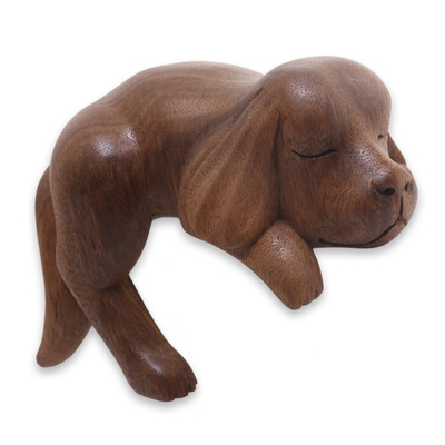 Holzskulptur - Schlafende Cocker Spaniel-Welpenskulptur aus Holz geschnitzt