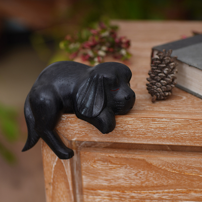 Wood sculpture, 'Sleepy Black Cocker Spaniel' - Black Wood Handmade Cocker Spaniel Puppy Sculpture