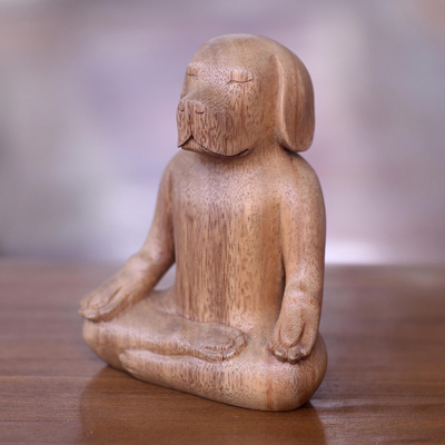 Wood sculpture, 'Yoga Beagle' - Artisan Hand Carved Wood Beagle in Yoga Pose Sculpture