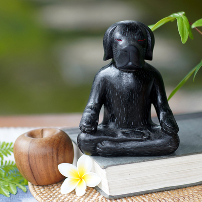 Wood sculpture, 'Black Yoga Beagle' - Carved Wood Black Beagle in Yoga Lotus Pose Sculpture