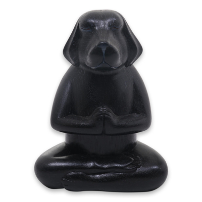 Wood sculpture, 'Meditating Black Puppy' - Wood Sculpture of Black Puppy Dog in Meditation Pose
