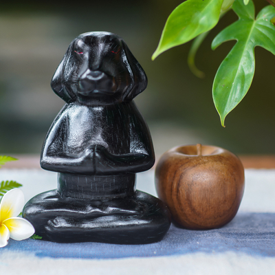 Wood sculpture, 'Meditating Black Puppy' - Wood Sculpture of Black Puppy Dog in Meditation Pose