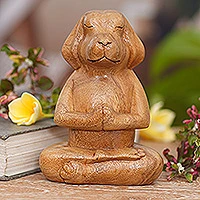 Wood sculpture, 'Meditating Puppy' - Brown Wood Puppy Sculpture in Whimsical Yoga Pose