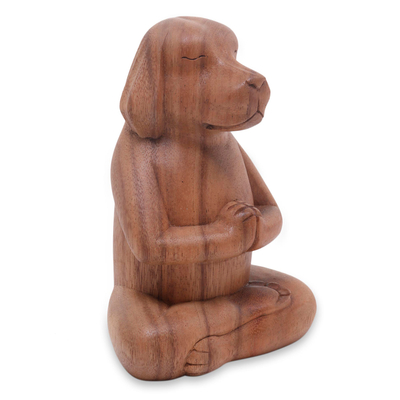 Wood sculpture, 'Meditating Puppy' - Brown Wood Puppy Sculpture in Whimsical Yoga Pose