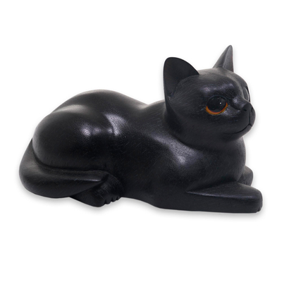 Artisan Crafted Black Cat Sculpture from Indonesia