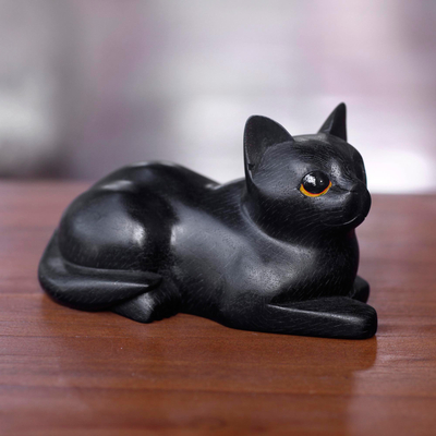 Wood sculpture, 'Stay Calm Black Cat' - Artisan Crafted Black Cat Sculpture from Indonesia