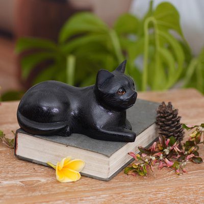 Wood sculpture, 'Stay Calm Black Cat' - Artisan Crafted Black Cat Sculpture from Indonesia