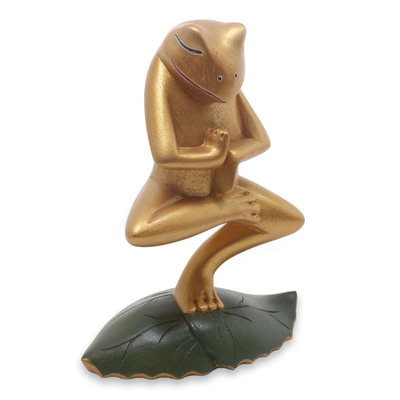 Wood statuette, 'Vrkasana Yoga Frog' - Handmade Wood Frog Yoga Statuette with Golden Finish