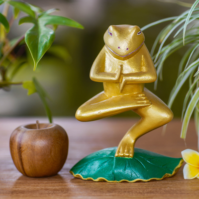 Wood statuette, 'Vrkasana Yoga Frog' - Handmade Wood Frog Yoga Statuette with Golden Finish