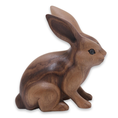 Wood sculpture, 'Cute Ginger Rabbit' - Fair Trade Hand Carved Wooden Rabbit Statuette