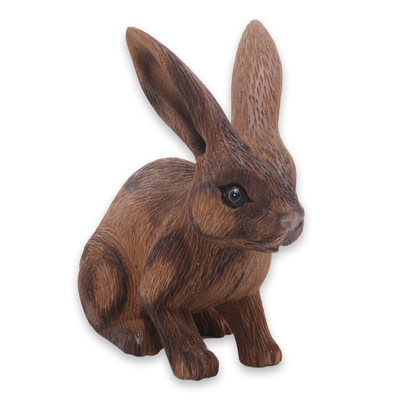 Wood sculpture, 'Long-Haired Ginger Rabbit' - Wooden Rabbit Statuette Carved by Hand in Bali