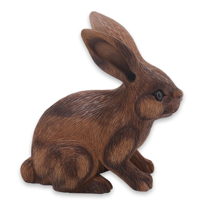 Wood sculpture, 'Long-Haired Ginger Rabbit' - Wooden Rabbit Statuette Carved by Hand in Bali