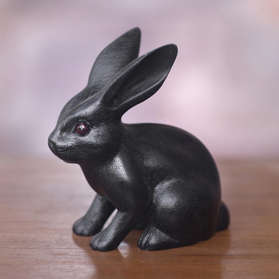 Wood sculpture, 'Cute Black Rabbit' - Adorable Black Bunny Sculpture Hand Carved in Suar Wood
